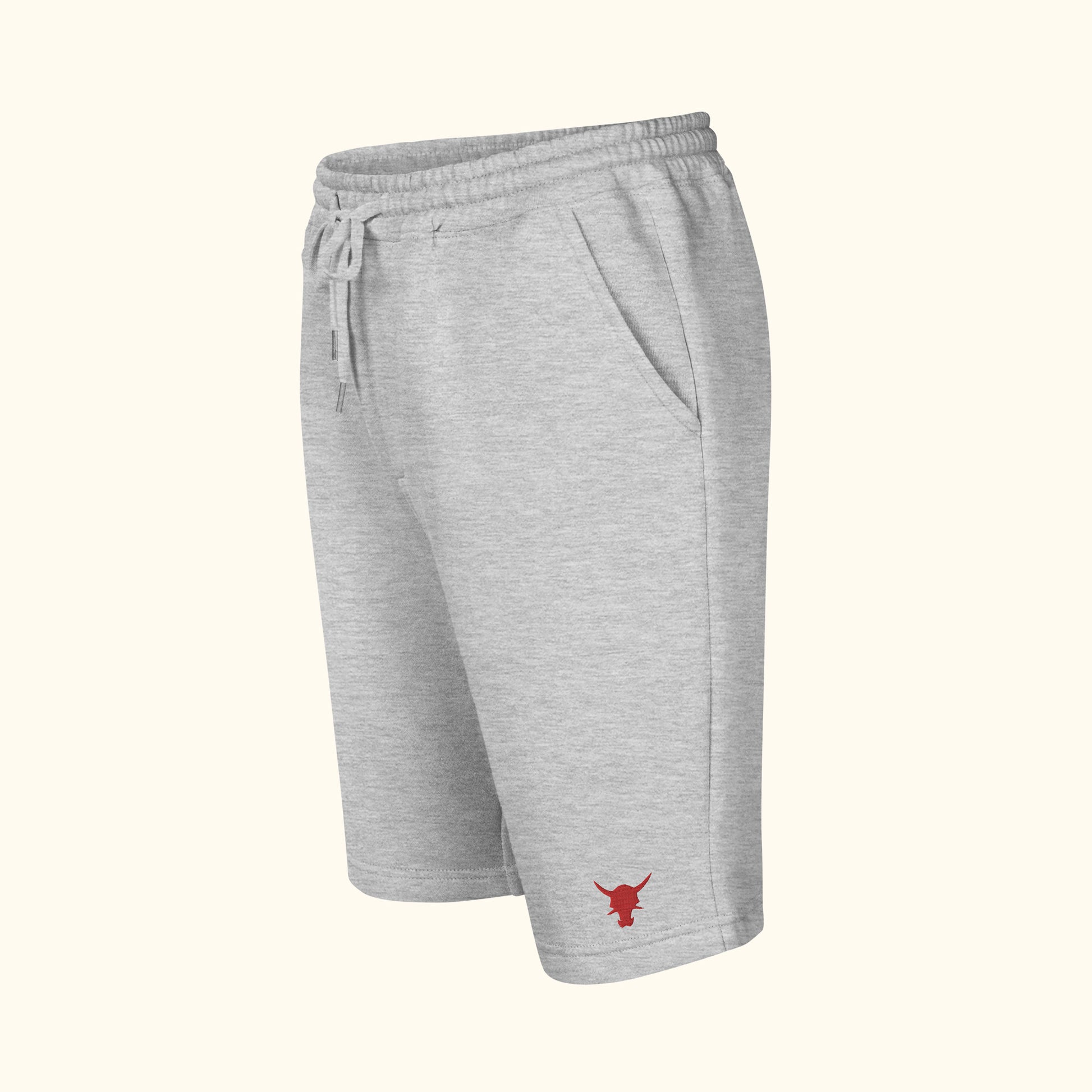 heather grey mens fleece shorts front left side on transparent background