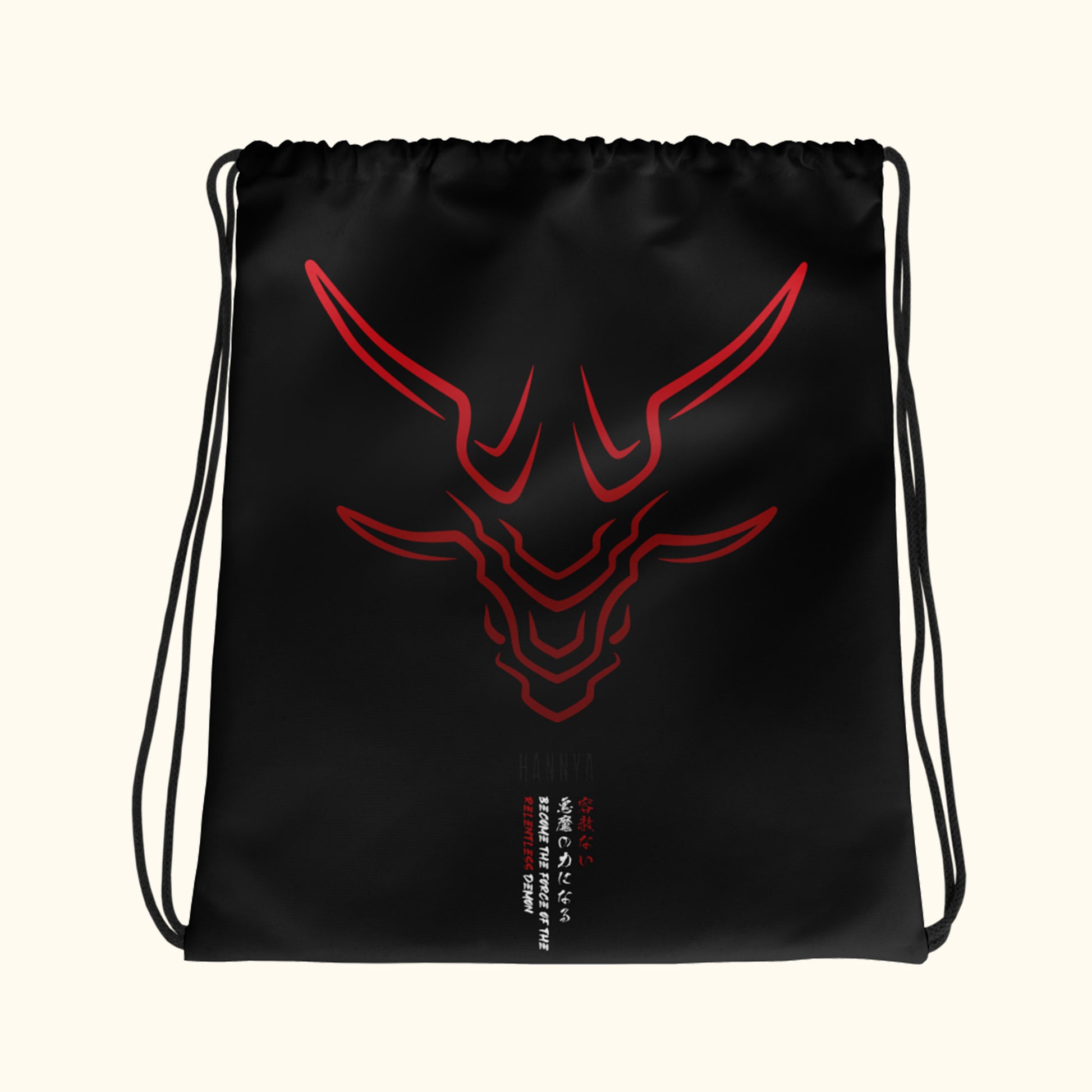 Front view hannya red drawstring bag