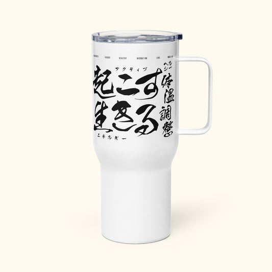 25oz white travel mug with handle on transparent background