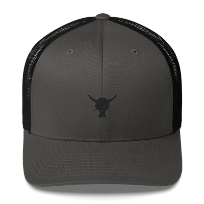 Charcoal black retro trucker hat front side on transparent background